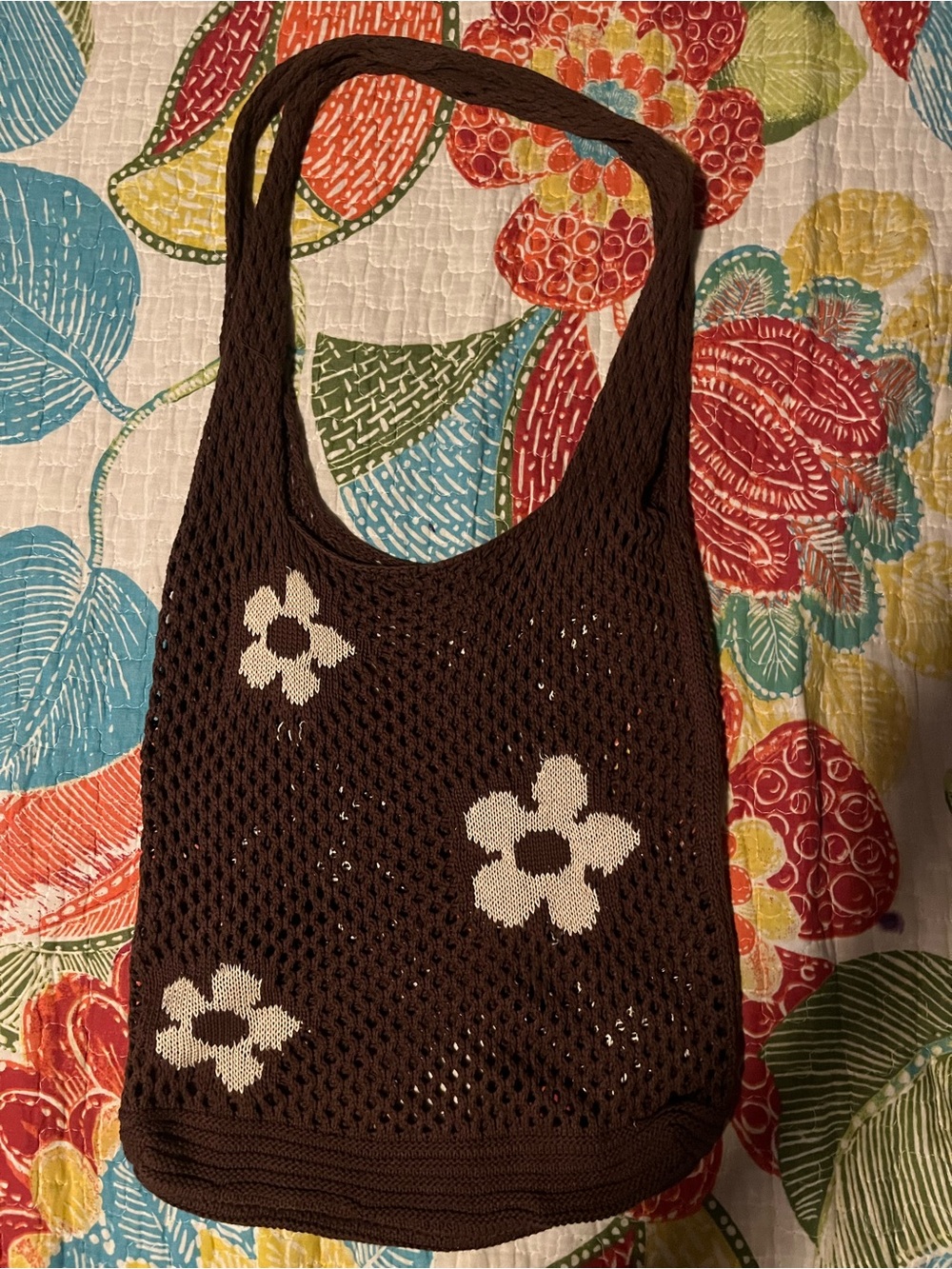 Brown Floral Knit Tote Bag with Cream Flower Accents